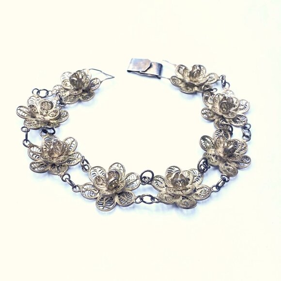 Vintage Mexican Silver Filigree Chrysanthemum Link Bracelet—1940-60s—EUC - Picture 1 of 8